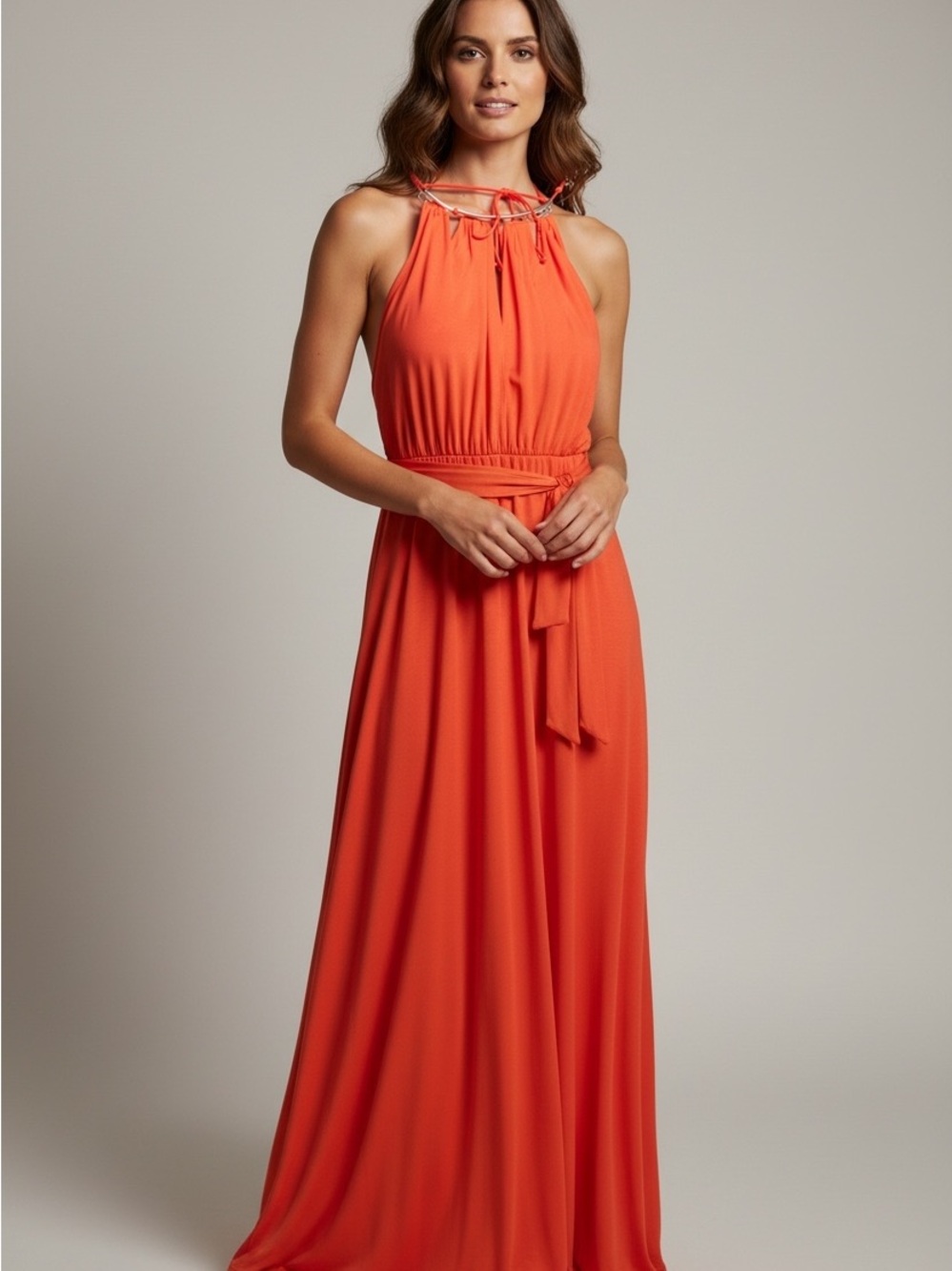 122 Halter-Neck Orange Maxi Dress with Waist Tie
